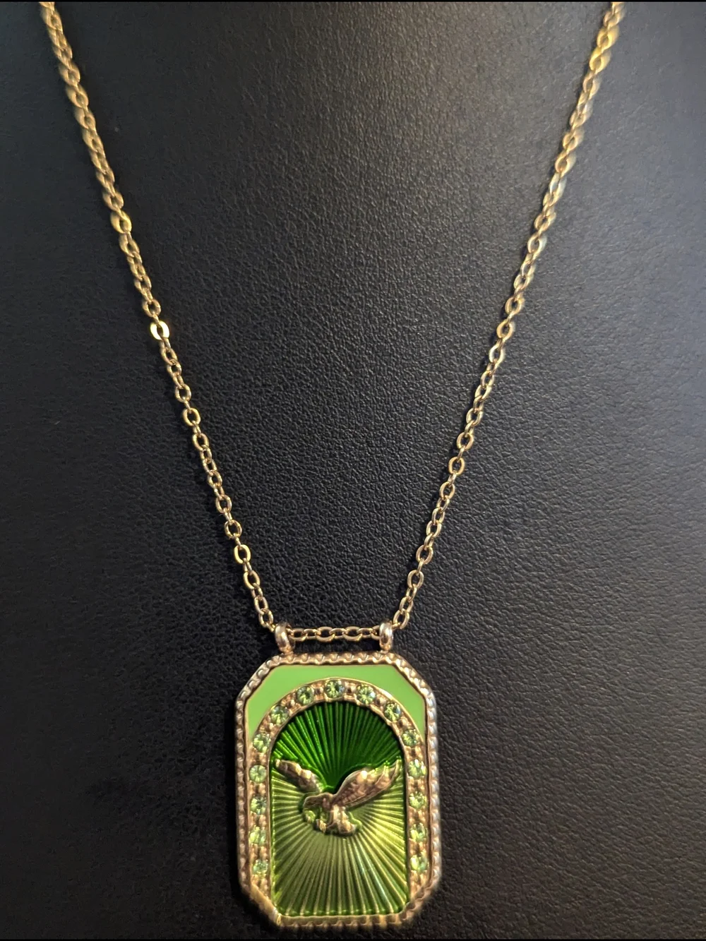 Gold Plated Green Enamel Bird Pendant Necklace
